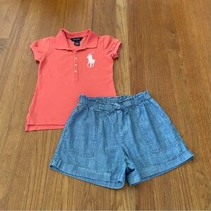 Ralph Lauren Coral Mesh Beaded Polo Shirt With Denim Shorts Set